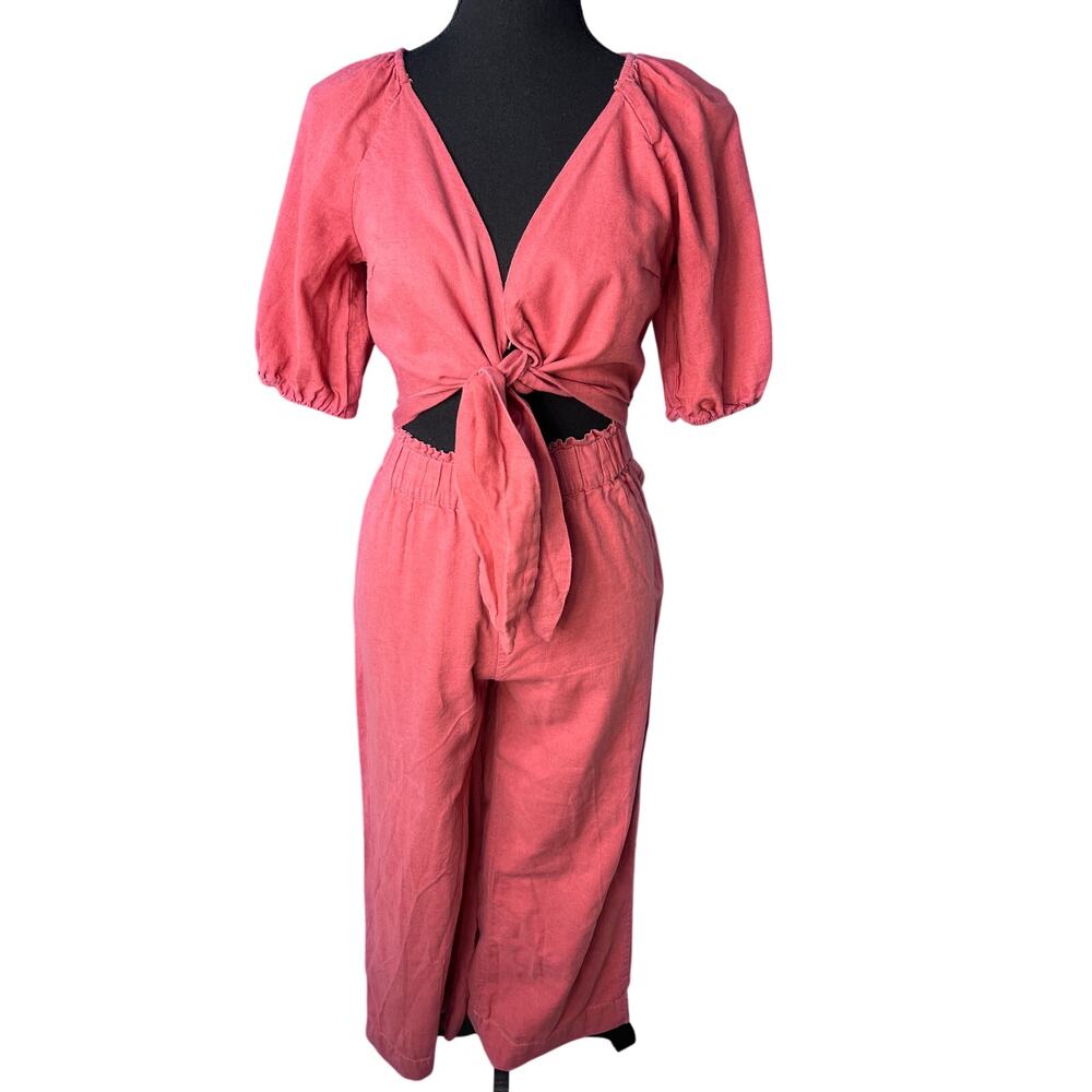 Abercrombie & Fitch Linen Blend 2PC Set Crop TieTop Wide Leg Pants Women XS Pink